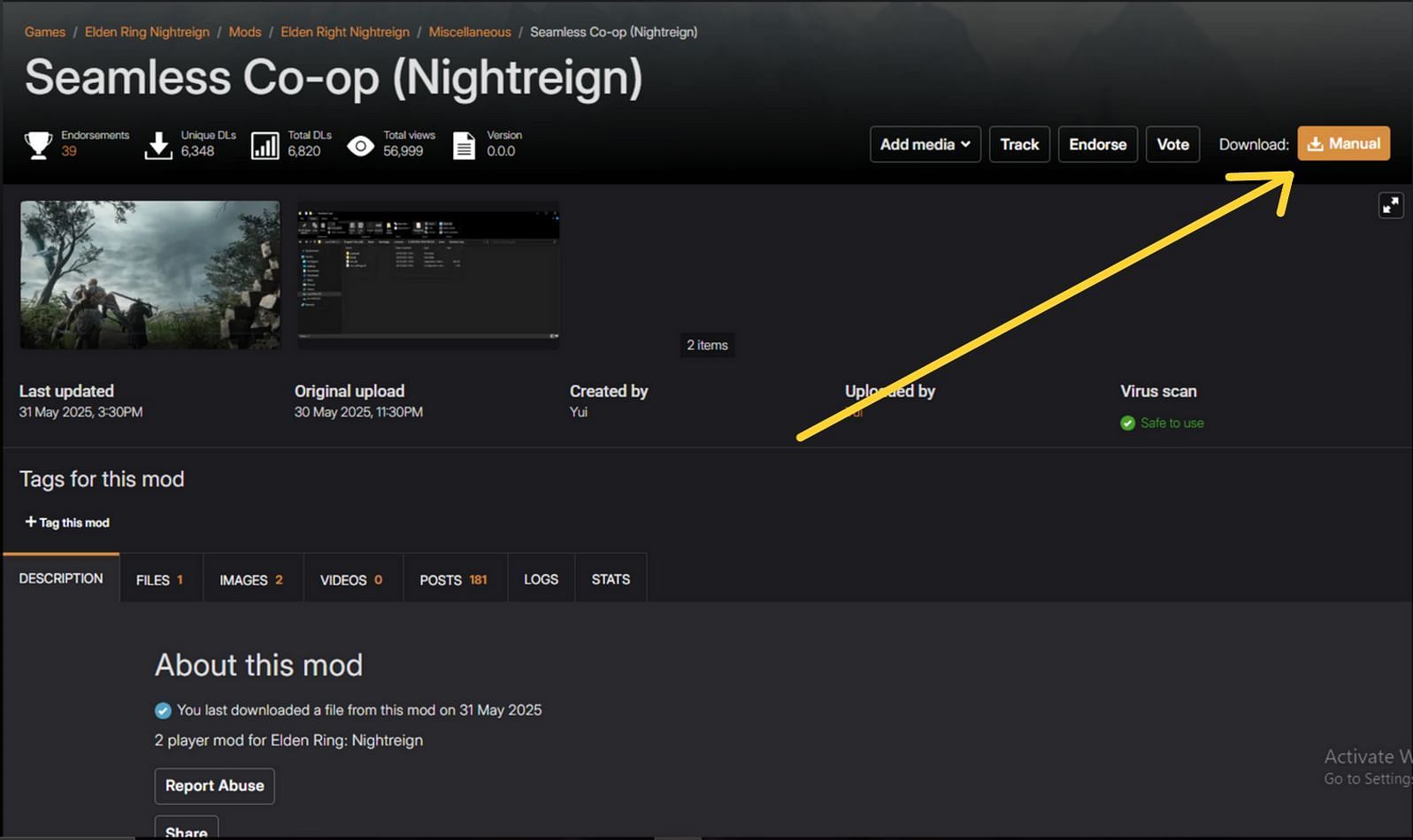 Click on the manual button, then select Slow Download (Image via Nexus Mods/Yui)